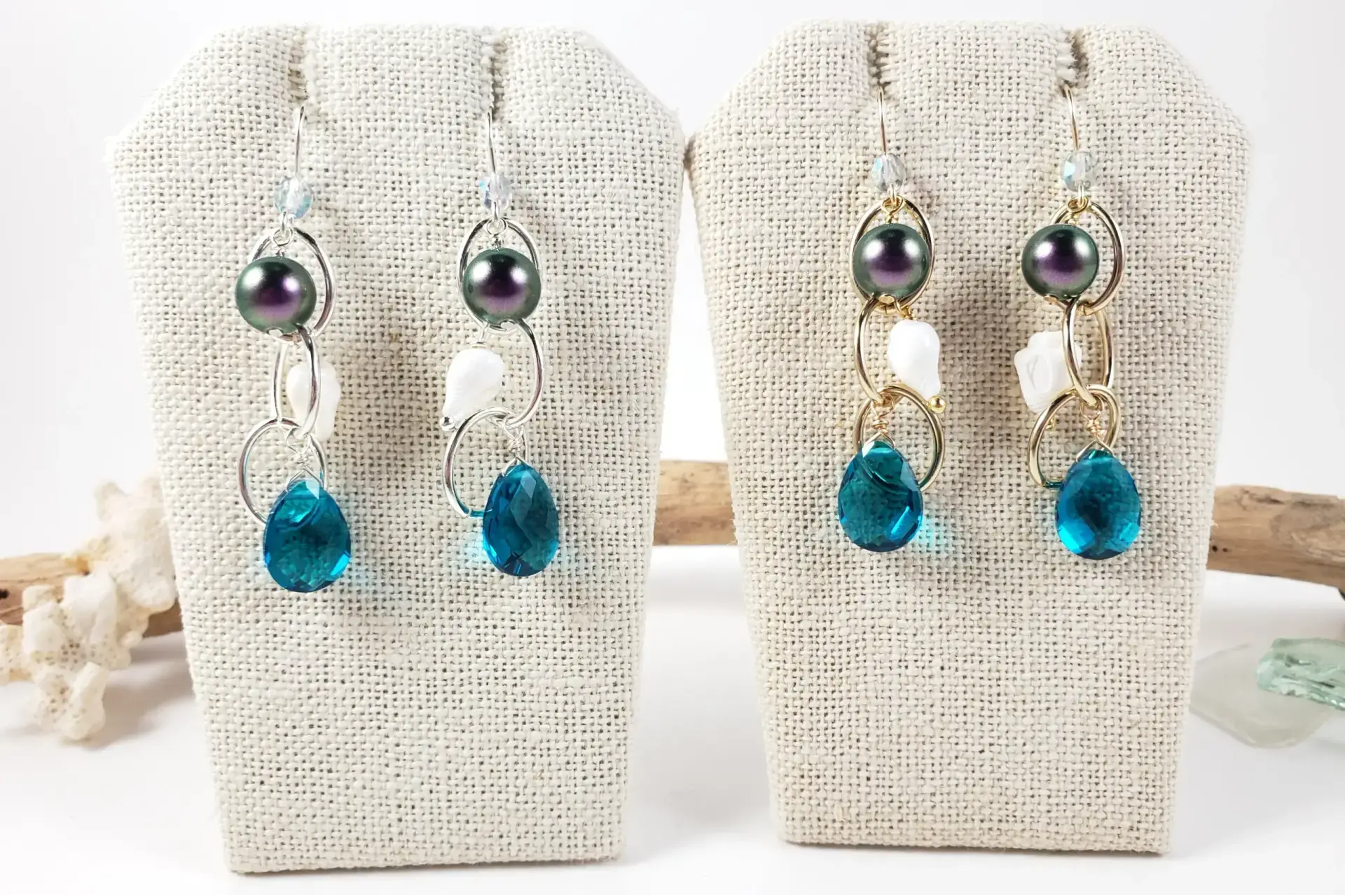 Teal crystal white shell iridescent pearl oval chain earrings