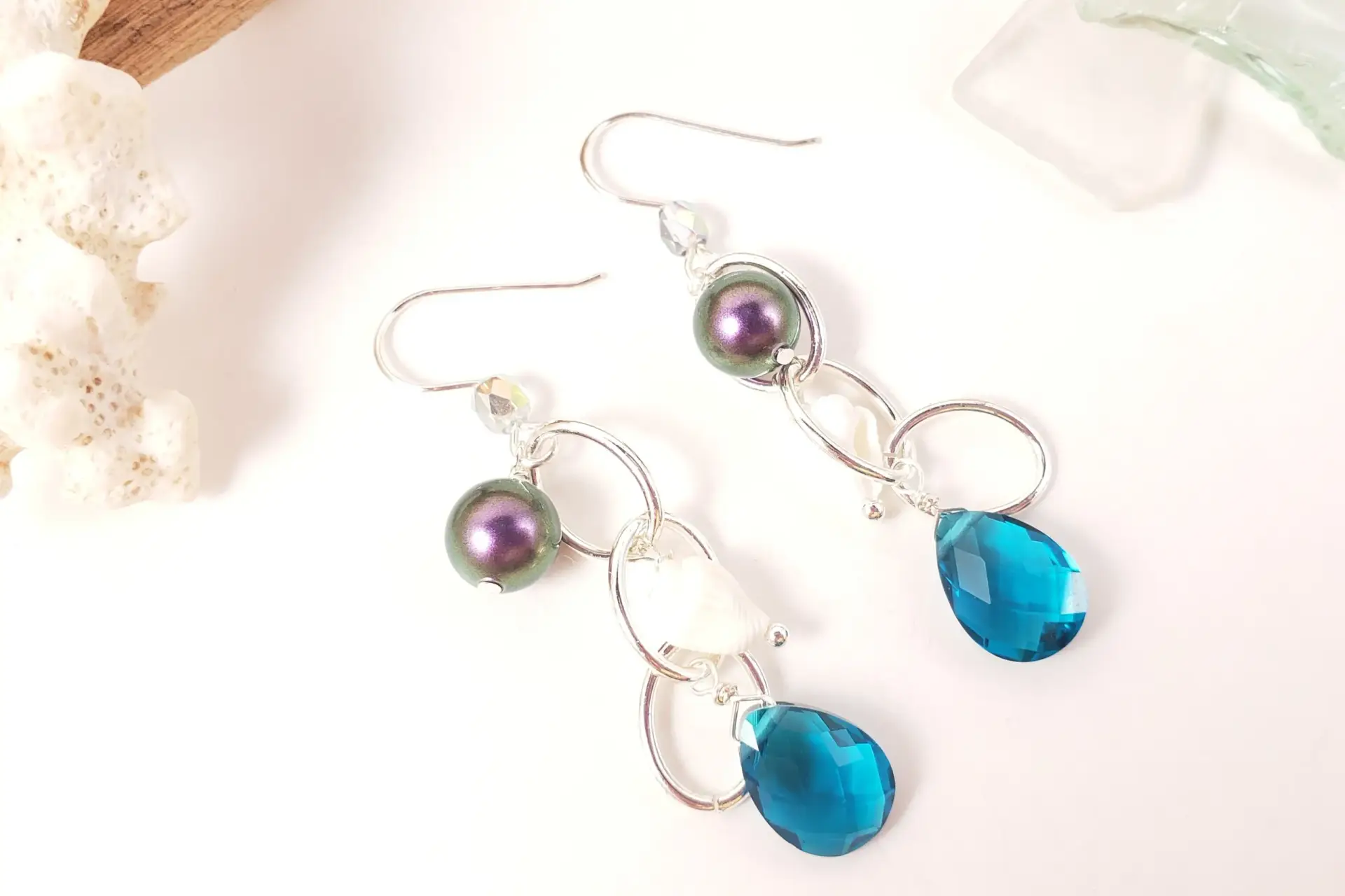 Teal crystal white shell iridescent pearl oval chain earrings - Image 4