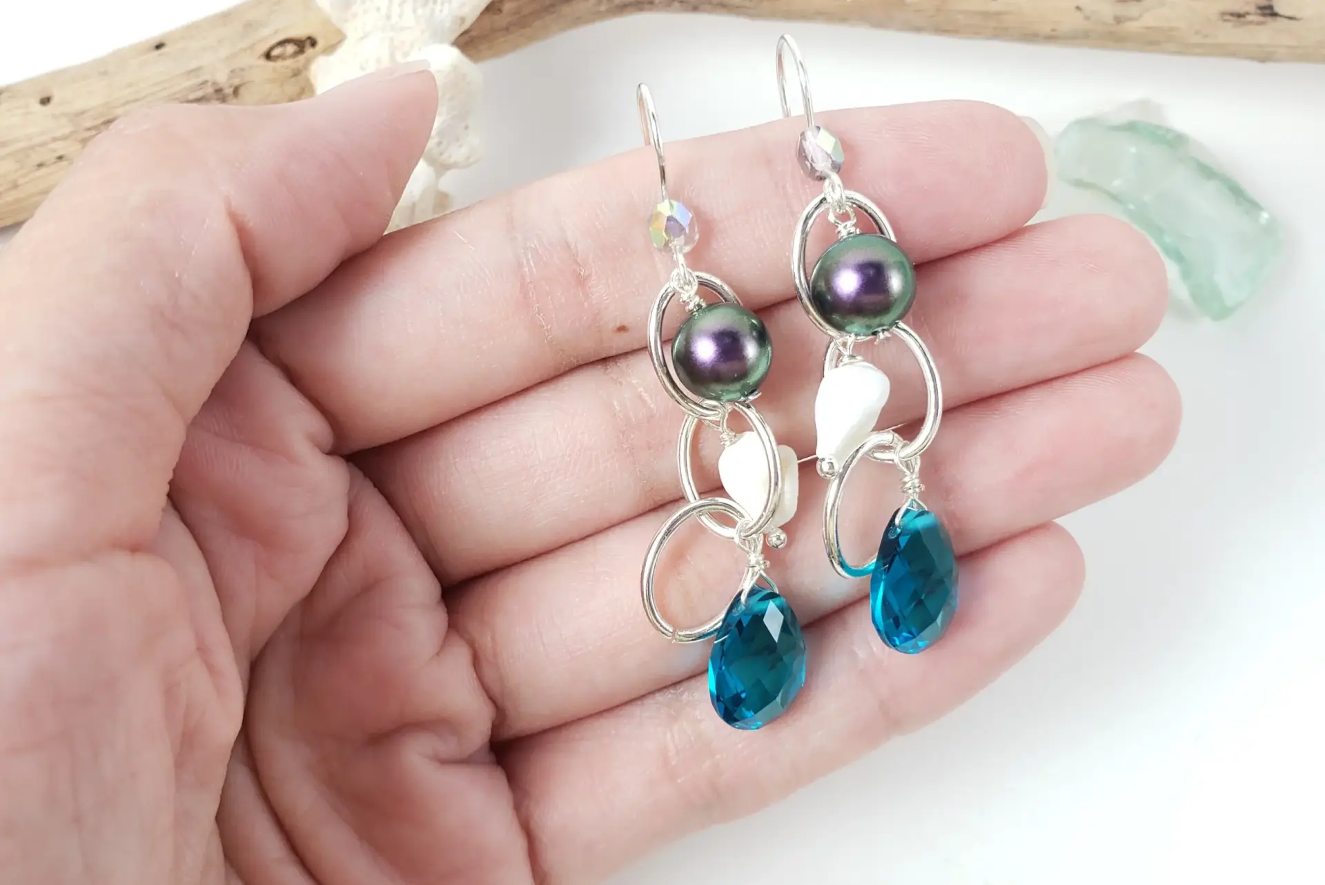 Teal crystal white shell iridescent pearl oval chain earrings - Image 5