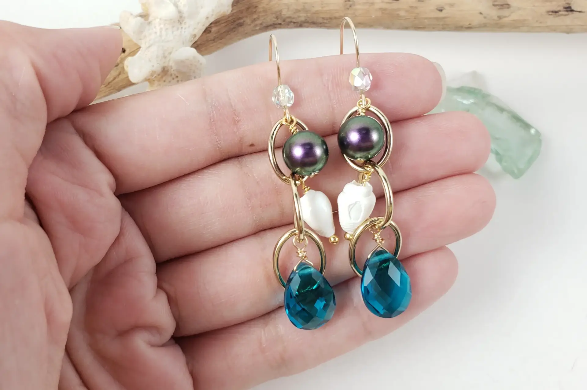 Teal crystal white shell iridescent pearl oval chain earrings - Image 2